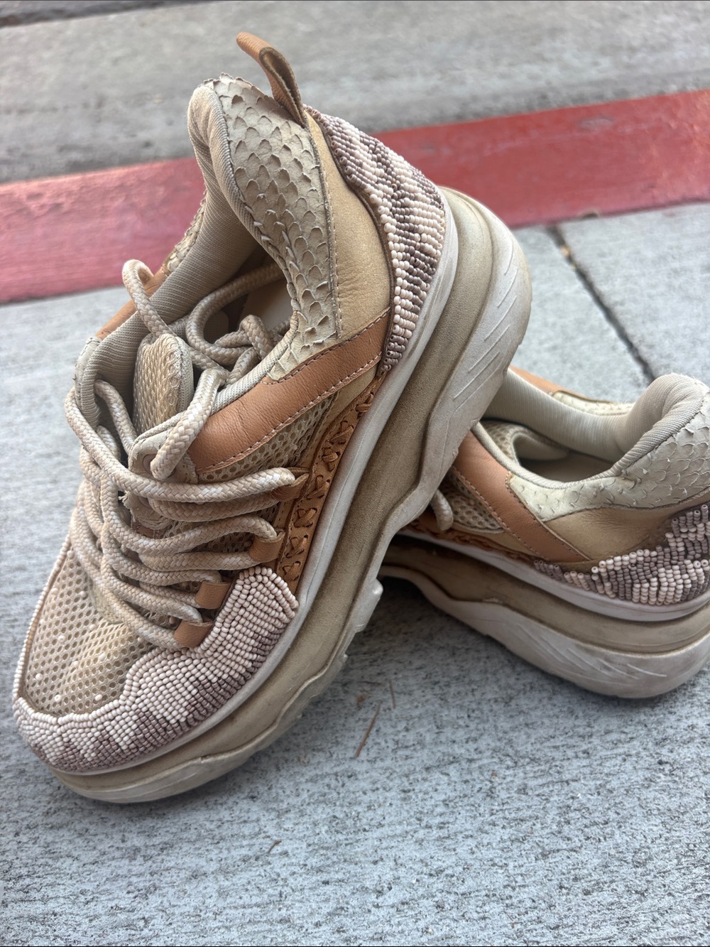 FARM Rio Women's Neutral Beaded Platform Sneakers in Beige and Tan